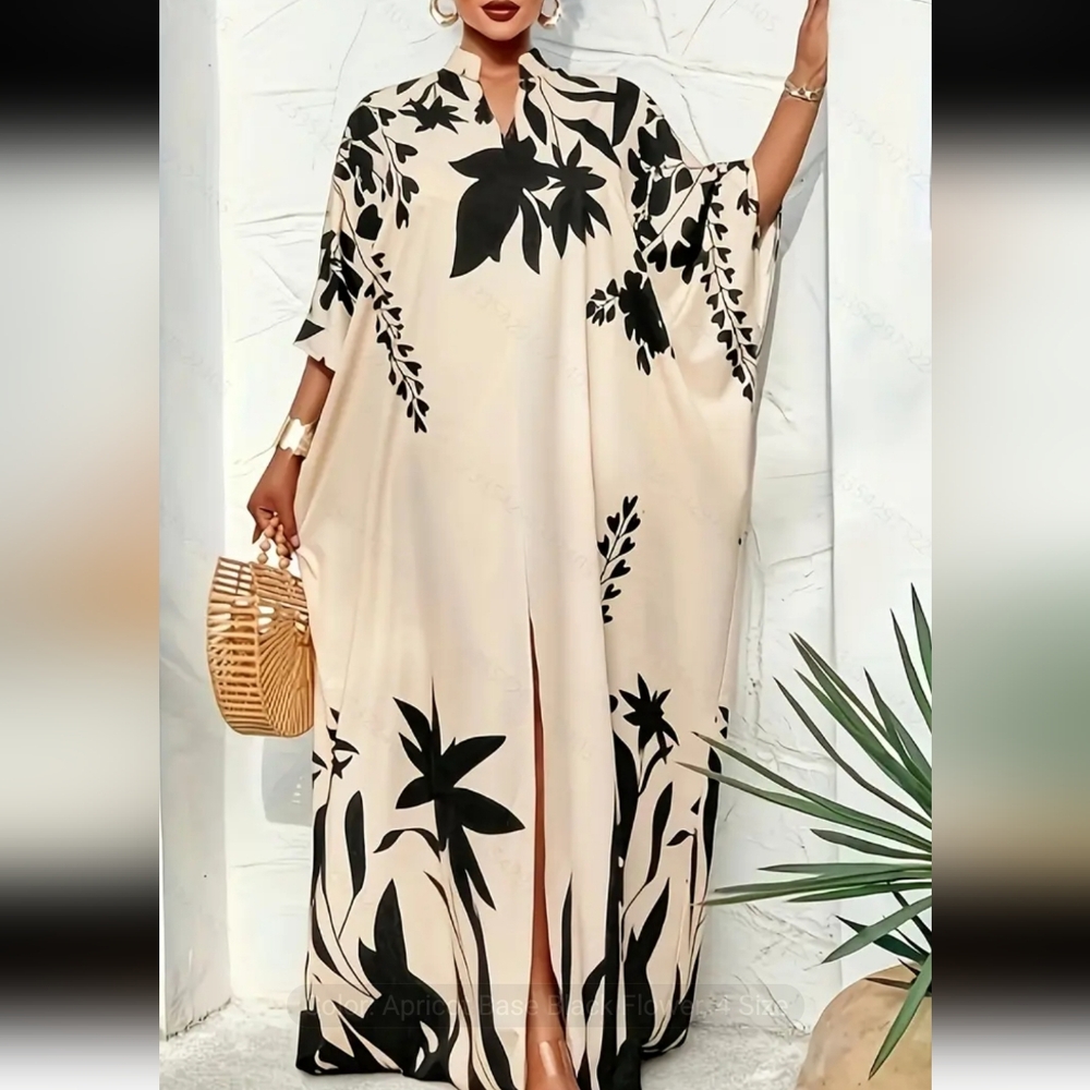 Black and Cream Floral Kaftan Dress Plus Size Women Elegante Maxi Baeutiful